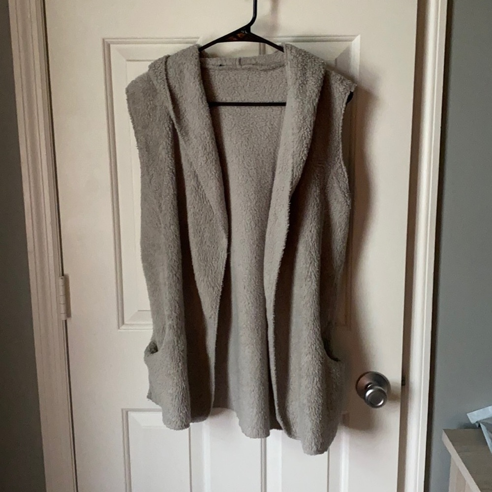 Gray Sherpa Fur Hooded Vest with Pockets